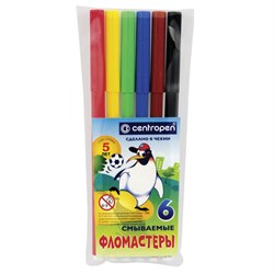 Фломастеры 6 ЦВЕТОВ CENTROPEN "Пингвины", смываемые, вентилируемый колпачок, 7790/6ET, 7 7790 0686 - фото 11028509