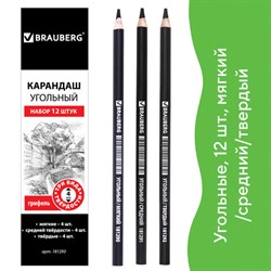 Карандаши (НАБОР 12 штук) угольные BRAUBERG ART CLASSIC, (МЯГКИЙ, СРЕДНИЙ, ТВЕРДЫЙ), 181293 - фото 11038576