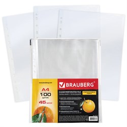 Папки-файлы перфорированные А4 BRAUBERG "PREMIUM", КОМПЛЕКТ 100 шт., матовые, 45 мкм, 221713 - фото 11050580