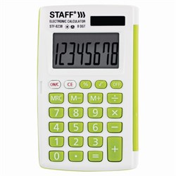 Калькулятор карманный STAFF STF-6238 (104х63 мм), 8 разрядов, двойное питание, БЕЛЫЙ С ЗЕЛЁНЫМИ КНОПКАМИ, блистер, 250283 - фото 11080402