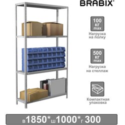 Стеллаж металлический BRABIX "MS KD-180/30-4", 1800х1000х300 мм, 4 полки, сборная стойка, 291114, S240BR143402 - фото 11084947