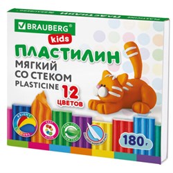 Пластилин мягкий восковой BRAUBERG KIDS, 12 цветов, 180 г, со стеком, 106495 - фото 11189024