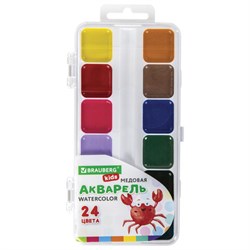 Краски акварельные BRAUBERG KIDS, медовые, 24 цвета, квадратные кюветы, пластиковый пенал, 192284 - фото 11206688