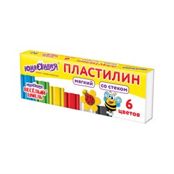 Пластилин мягкий ЮНЛАНДИЯ "ВЕСЕЛЫЙ ШМЕЛЬ", 6 цветов, 90 г, СО СТЕКОМ, 106671 - фото 11297997