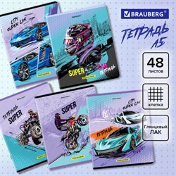 Тетрадь А5, 48 л., BRAUBERG, скоба, клетка, глянцевый лак, "Race" (микс в спайке), 404349 - фото 11388616