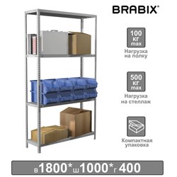 Стеллаж металлический BRABIX "MS KD-180/40-4", 1800х1000х400 мм, 4 полки, сборная стойка, 291115, S240BR144402 - фото 12550134