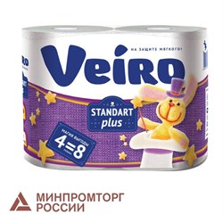 Бумага туалетная бытовая, спайка 4 шт., 2-х слойная (4х30 м), VEIRO Standart Plus, белая, 3с24 - фото 13101678