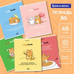 Тетрадь А5, 48 л., BRAUBERG, скоба, клетка, обложка картон, &quot;Кот-Энтузиаст&quot; (микс в спайке), 404365