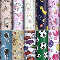Бумага упаковочная подарочная мелованная "For Kids", 70x100 см, 10 дизайнов ассорти, ЗОЛОТАЯ СКАЗКА, 591918 - фото 13128531