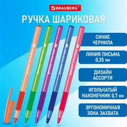 Ручка шариковая с грипом BRAUBERG "i-STICK POINT NEON", СИНЯЯ, корпус ассорти, игольчатый узел 0,7 мм, линия письма 0,35 мм, 144022 - фото 13271014