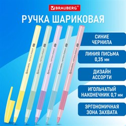 Ручка шариковая с грипом BRAUBERG "i-STICK POINT PASTEL", СИНЯЯ, корпус ассорти, игольчатый узел 0,7 мм, линия письма 0,35 мм, 144023 - фото 13271017