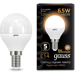 Светодиодная лампа GAUSS LED Globe E14, 6.5W, 100-240 В, 3000K - фото 13495180