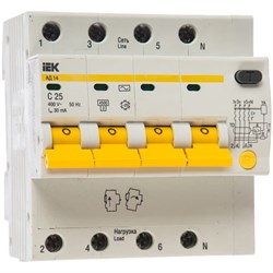 Дифференциальный автомат IEK АД-14 4п, 25А, C, 30мА - фото 13516076