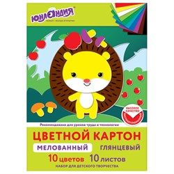 Картон цветной А4 МЕЛОВАННЫЙ, 10 листов, 10 цветов, в папке, ЮНЛАНДИЯ, 200х290 мм, 113548 - фото 13549852