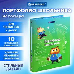 Папка-портфолио школьника &quot;ОТЛИЧНИК&quot;, 4 кольца, 20 файлов, 10 вкладышей, 7БЦ матовая, BRAUBERG, 115240