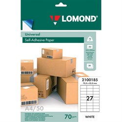Этикетка самоклеящаяся 70х32 мм, 27 этикеток, белая, 70 г/м2, 50 листов, LOMOND, 2100185 - фото 13550238