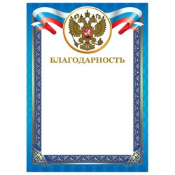 Грамота "Благодарность", А4, мелованный картон, конгрев, тиснение фольгой, синяя рамка, BRAUBERG, 128345 - фото 13550429