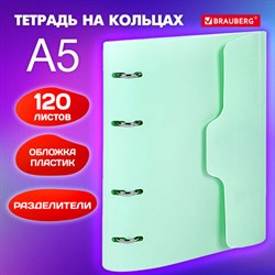 Тетрадь на кольцах А5 175х220 мм, 120 л., пластик, на липучке, с разделителями, BRAUBERG, Мятный, 404638 - фото 13551248