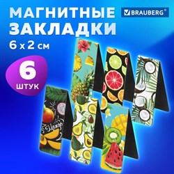 Закладки для книг МАГНИТНЫЕ, &quot;FRUITS&quot;, набор 6 шт., 60x20 мм, BRAUBERG, 113160