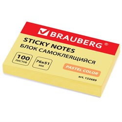 Блок самоклеящийся (стикеры) BRAUBERG, ПАСТЕЛЬНЫЙ, 76х51 мм, 100 листов, желтый, 122689 - фото 13552066