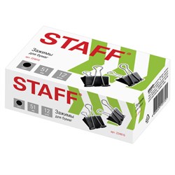 Зажимы для бумаг большие STAFF "EVERYDAY", КОМПЛЕКТ 12 шт., 51 мм, на 230 листов, черные, картонная коробка, 224610 - фото 13552236