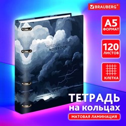 Тетрадь на кольцах А5 160х212 мм, 120 листов, картон, матовая ламинация, клетка, BRAUBERG, "Clouds", 404726 - фото 13559789