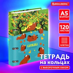 Тетрадь на кольцах А5 160х212 мм, 120 листов, картон, выборочный лак, клетка, BRAUBERG, "Капибары", 404731 - фото 13559794