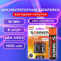 Батарейки аккумуляторные Ni-Mh мизинчиковые КОМПЛЕКТ 6 шт., AAA (HR03) 1000 mAh, SONNEN, 455611 - фото 13562787