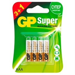 Батарейки КОМПЛЕКТ 4 шт., GP Super, AAA (LR03,24А), алкалиновые, мизинчиковые, ПРОМО 3+1, 24A3/1-2CR4 - фото 13562809