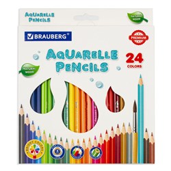 Карандаши цветные акварельные BRAUBERG PREMIUM AQUARELLE, 24 цвета, трехгранные, утолщенный грифель 4 мм, натуральное дерево, 181673 - фото 13569259