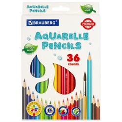 Карандаши цветные акварельные BRAUBERG PREMIUM AQUARELLE, 36 цветов, трехгранные, утолщенный грифель 4 мм, натуральное дерево, 181674 - фото 13569260