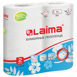Полотенца бумажные бытовые, спайка 2 шт., 2-х слойные, (2х30 м), LAIMA, 22х23 см, белые, 128726 - фото 13573176