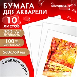 Бумага для акварели 300 г/м2 560x760 мм среднее зерно, 10 листов, BRAUBERG ART PREMIERE, 113238 - фото 13588742
