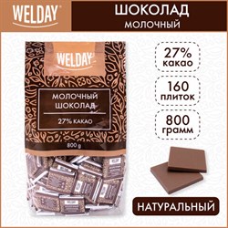 Шоколад порционный WELDAY "Молочный 27%", 800 г (160 плиток по 5 г), пакет, 622406 - фото 13592703