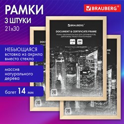 Рамка 21х30 см небьющаяся, КОМПЛЕКТ 3 шт., багет 14 мм дерево, BRAUBERG &quot;Elegant&quot;, цвет натуральное дерево, 391357