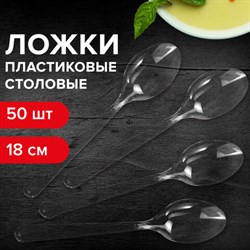 Ложка столовая одноразовая пластиковая 180 мм, прозрачная, КОМПЛЕКТ 48/50 шт., КРИСТАЛЛ, LAIMA, 602654 - фото 13598802