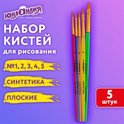 Кисти СИНТЕТИКА набор 5 шт. (плоские № 1, 2, 3, 4, 5), пакет с европодвесом, ЮНЛАНДИЯ, 201077 - фото 13610249