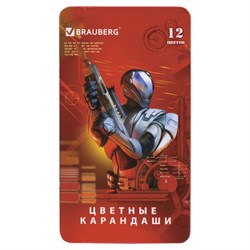 Карандаши цветные BRAUBERG &quot;Star Patrol&quot;, 12 цв, металлическая упаковка, шестигранные, грифель 3 мм, натуральное дерево, 180543