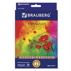 Карандаши цветные BRAUBERG "Цветы", 18 цветов, трехгранные, лакированные, грифель 3 мм, натуральное дерево, 181289 - фото 13642885