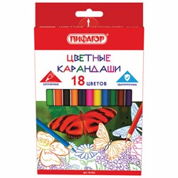 Карандаши цветные ПИФАГОР "БАБОЧКИ", 18 цветов, шестигранные, грифель 3 мм, натуральное дерево, 181352 - фото 13642888