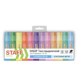 Набор текстовыделителей 12 ЦВЕТОВ, STAFF EVERYDAY HL-707, 6 неоновых цветов + 6 пастельных цветов, линия 1-5 мм, скошен. наконечник, 152552 - фото 13700999