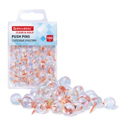 Силовые кнопки-гвоздики BRAUBERG CLEAR & GOLD, прозрачные с золотистым (шарики), 100 штук, 11 мм, 272760 - фото 13713170
