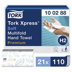 Полотенца бумажные 110 штук, TORK (Система H2) Premium, КОМПЛЕКТ 21 штука, 2-слойные, белые, 21х34, Interfold, 100288 - фото 13743211