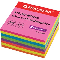 Блок самоклеящийся (стикеры), BRAUBERG, НЕОНОВЫЙ, 76х76 мм, 400 листов, 8 цветов, 126686 - фото 13743240