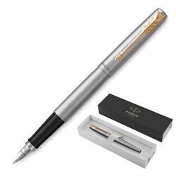 Ручка перьевая PARKER "Jotter Stainless Steel GT", корпус серебристый, позолота, синяя, 2030948 - фото 13743392