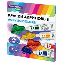 Краски акриловые художественные 24 цвета в тубах по 12 мл, BRAUBERG HOBBY, 192404 - фото 13743802