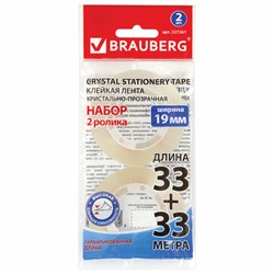 Клейкие ленты 19 мм х 33 м КРИСТАЛЬНЫЕ, BRAUBERG, КОМПЛЕКТ 2 шт., европодвес, 227261 - фото 13744141