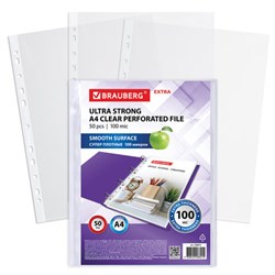 Папки-файлы перфорированные А4 BRAUBERG "EXTRA 1000", КОМПЛЕКТ 50 шт., гладкие, ПЛОТНЫЕ, 100 мкм, 229672 - фото 13744280