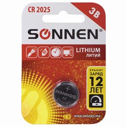 Батарейка литиевая SONNEN Lithium CR2025 "таблетка, дисковая, кнопочная" 1 шт., блистер, 451973 - фото 13747182