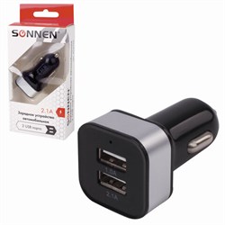 Зарядное устройство автомобильное SONNEN, 2 порта USB, выходной ток 2,1 А, черное-белое, 454796 - фото 13747245